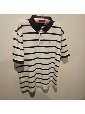Tommy Hilfiger Men's Short Sleeve Polo, White With Blue Stripes, XL